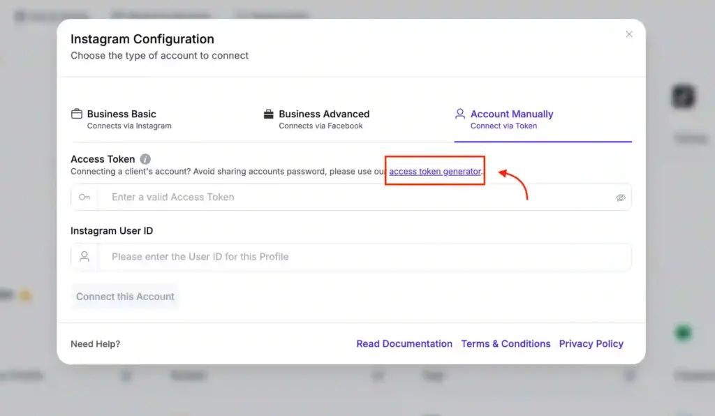 nstagram access token generator used to connect an account manually in WP Social Ninja