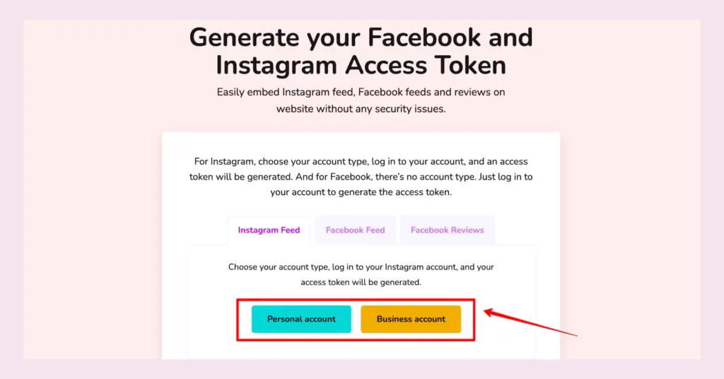 Instagram access token generator page of WP Social Ninja