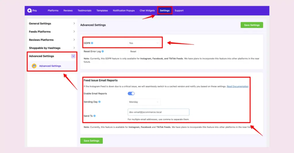 Advanced settings option of WP Social Ninja to optimize embedded Instagram page feed on WordPress website