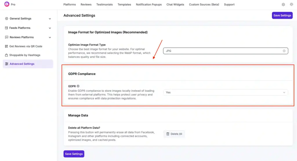 Advanced settings options available in the WP Social Ninja dashboard