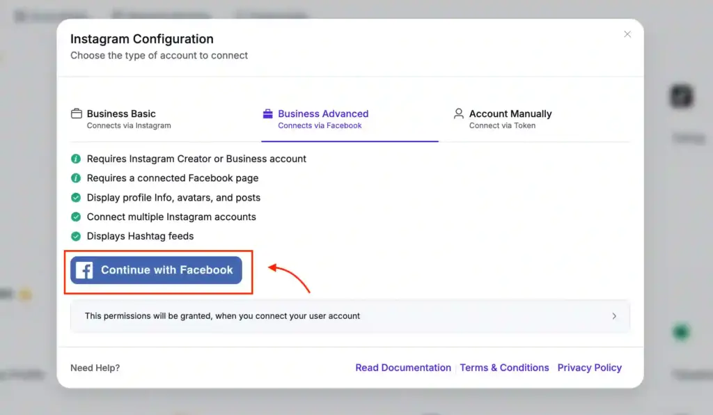 WP Social Ninja dashboard showing the Business Advanced account integration option