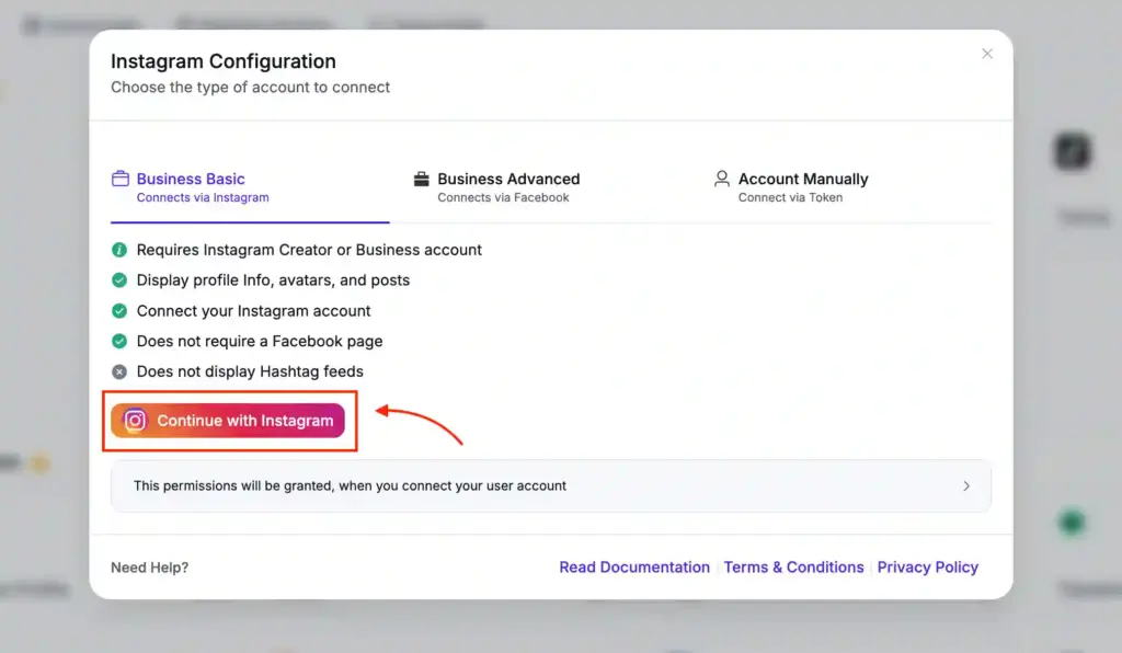 WP Social Ninja dashboard showing the Business Basic account integration option