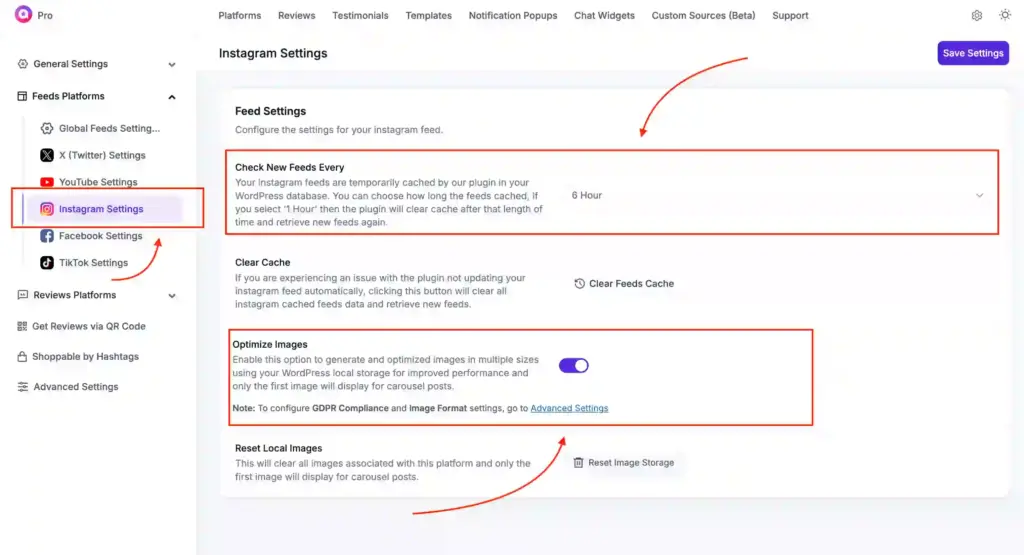 WP Social Ninja dashboard showing Instagram feeds optimization options