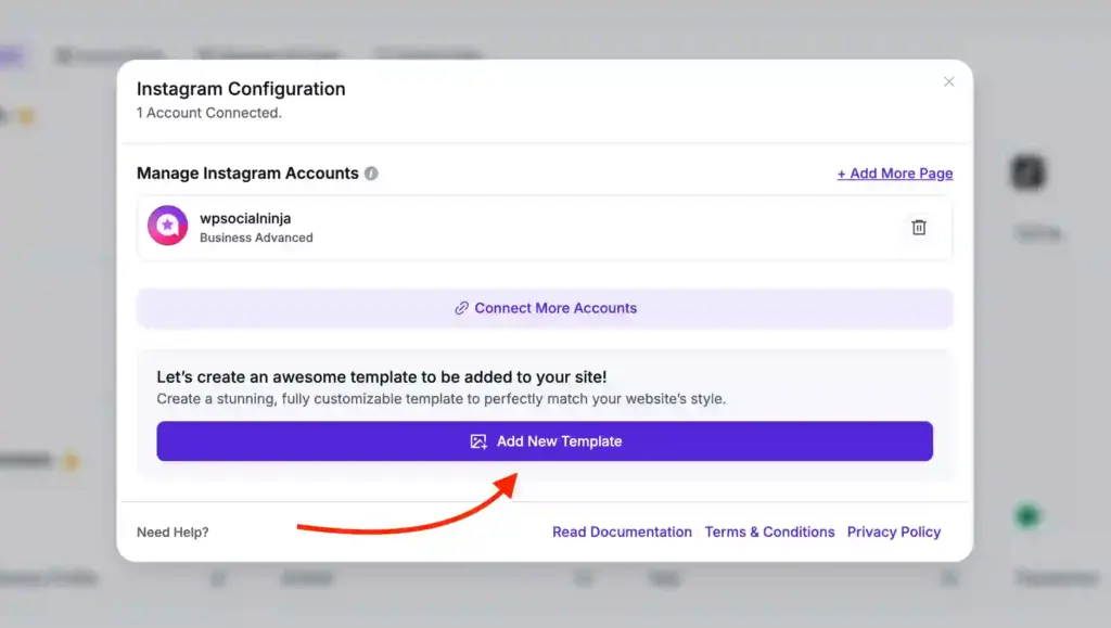 Add New Template button for Instagram video embedding in WP Social Ninja