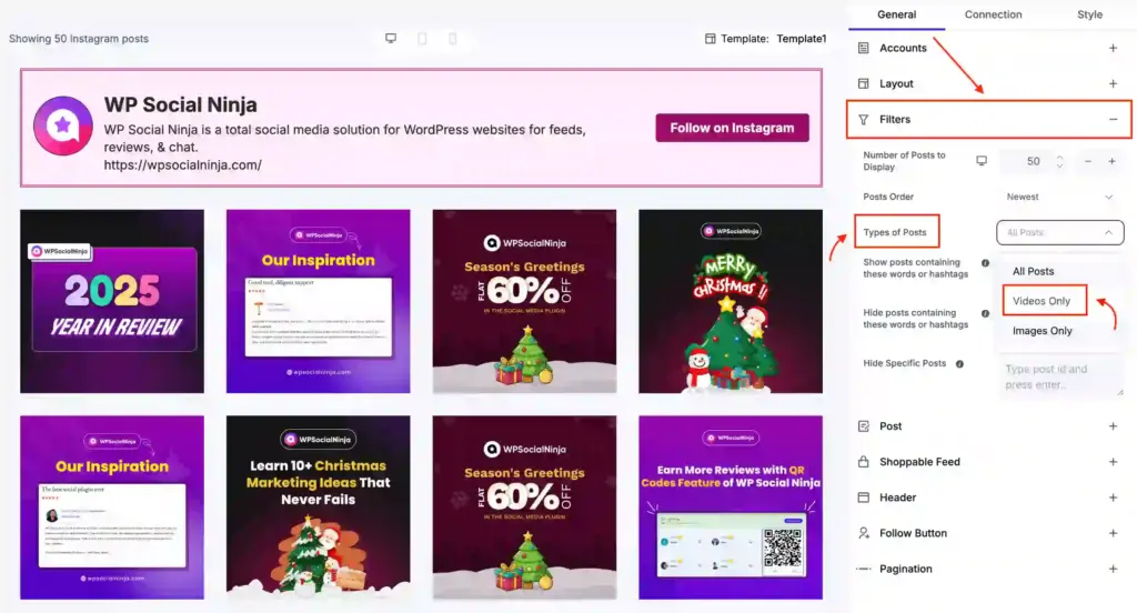 Videos Only filter option for Instagram feeds in WP Social Ninja
