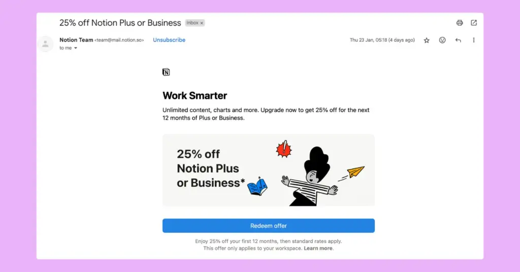 Email campaigns example from Notion to boost ecommerce sales