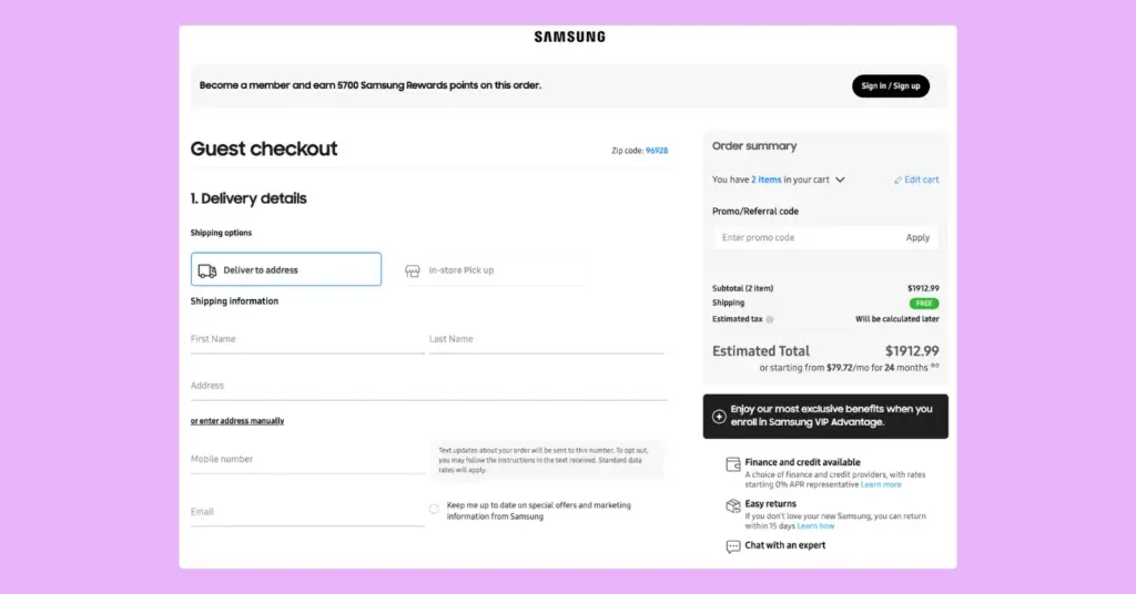 Optimized checkout page of Samsung for their Ecommerce sales growth by simplifying the buying process