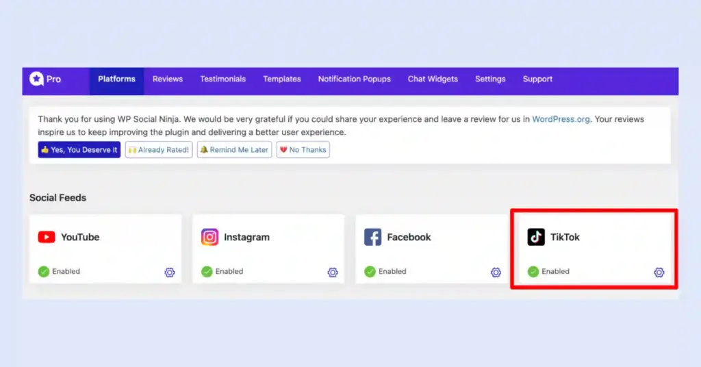 TikTok feed on WP Social Ninja dashboard