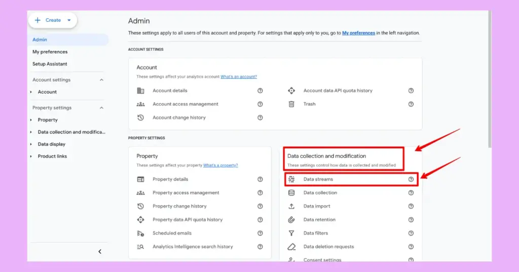 Data streams option under the Data collection and modification