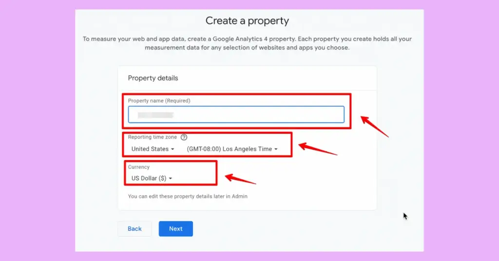 Provide property details to set up your Google Analytics account