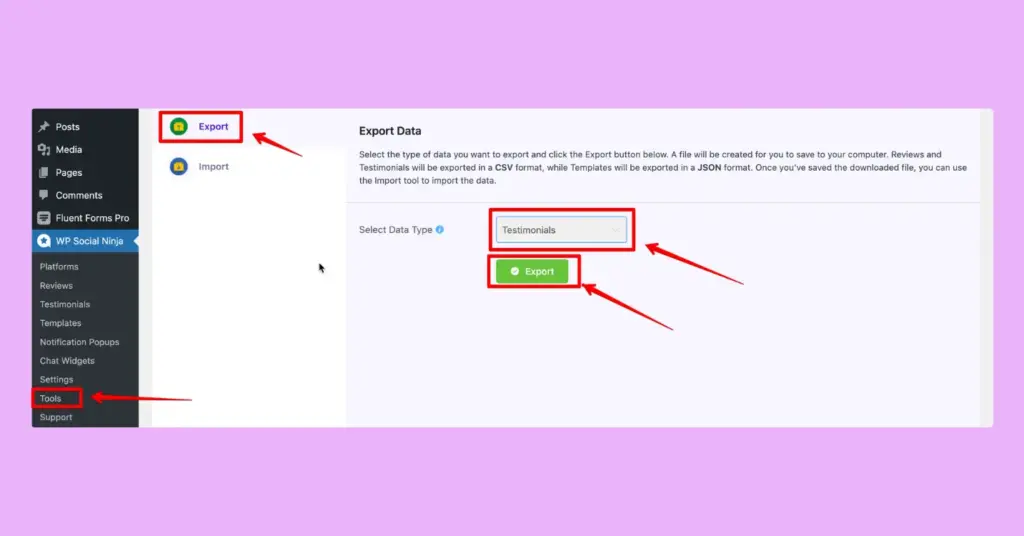 Testimonials export with WP Social Ninja 3.16.0