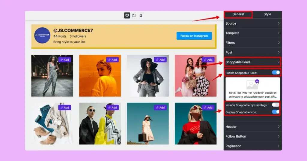 Shoppable Instagram feed settings option of WP Social Ninja