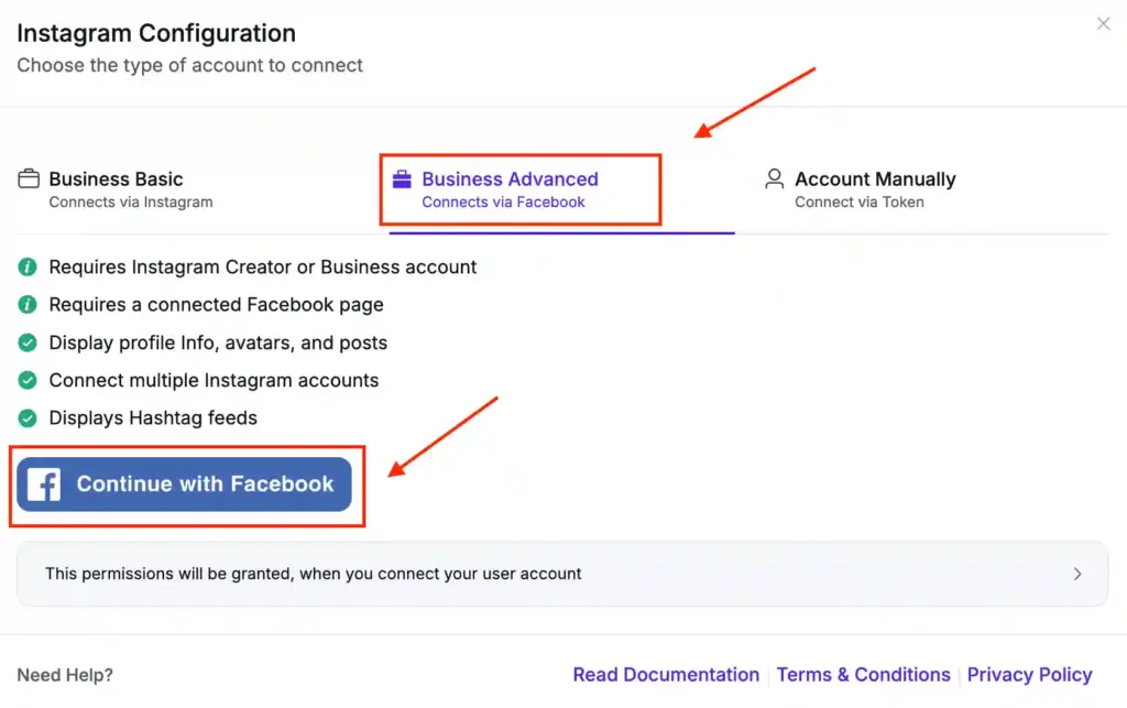 WP Social Ninja dashboard showing Instagram Business Account integration settings