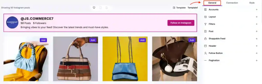 WP Social Ninja dashboard showing the General settings option for an integrated Instagram feed