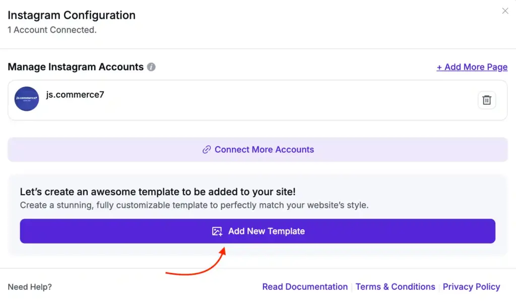 Add New Template button shown after Instagram Business Account integration in WP Social Ninja