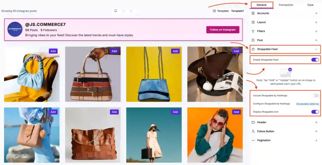 Shoppable feed settings for an integrated Instagram Business Account in the WP Social Ninja dashboard
