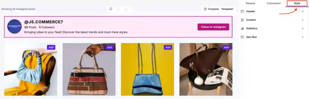 WP Social Ninja dashboard showing the Style settings option for an integrated Instagram feed