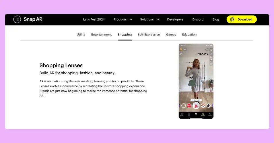 Official web page of Snapchat featuring its different AR lenses