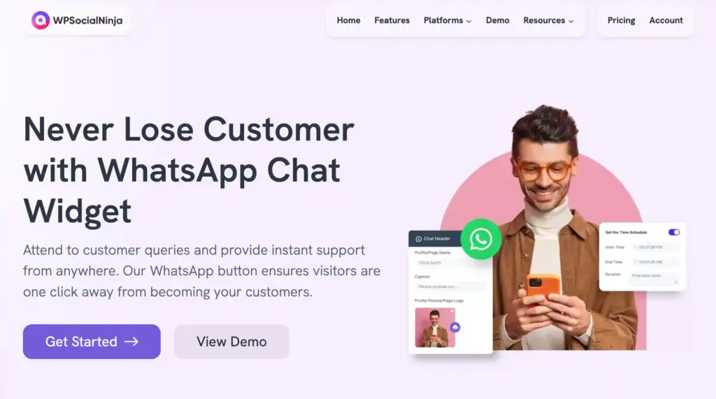WhatsApp chat widget landing page of WP Social Ninja