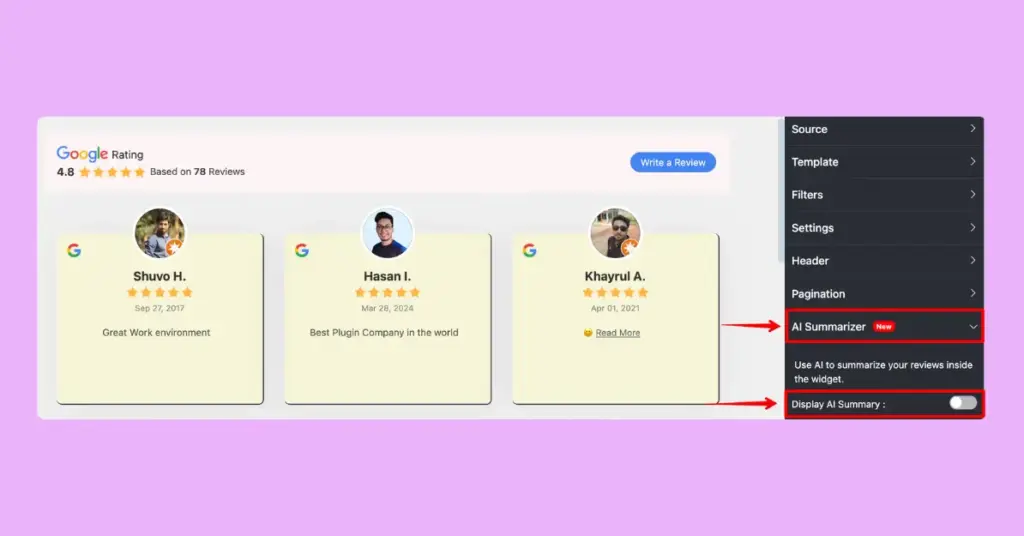 AI summarizer for reviews at WP Social Ninja 3.18.0