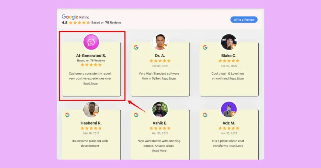 AI summarizer preview for Google reviews