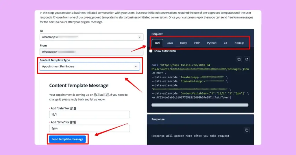 Business initiated test messages using Twilio pre-built templates