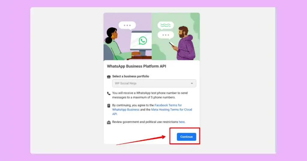 Click the continue button to create the WhatsApp Business Platform API