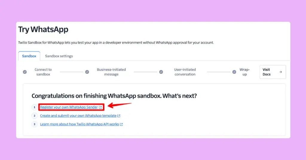 Complete the Twilio setup for getting the whatsapp business api key for a business