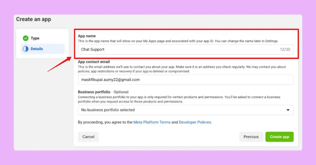 Editing app name while setting up the app for WhatsApp Business API