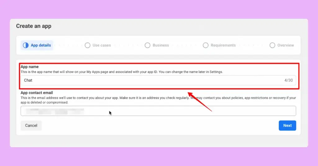 Give an app name while setting up the app for the WhatsApp business api from Meta Developers