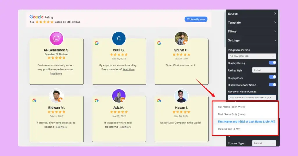 Reviewer name format options at WP Social Ninja