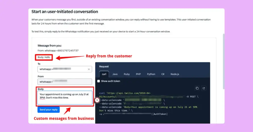 User initiated test message in the Twilio Sandbox