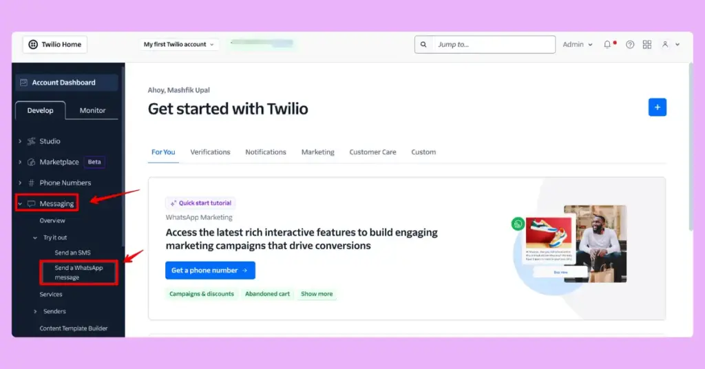 WhatsApp API setup onboarding on Twilio admin dashboard