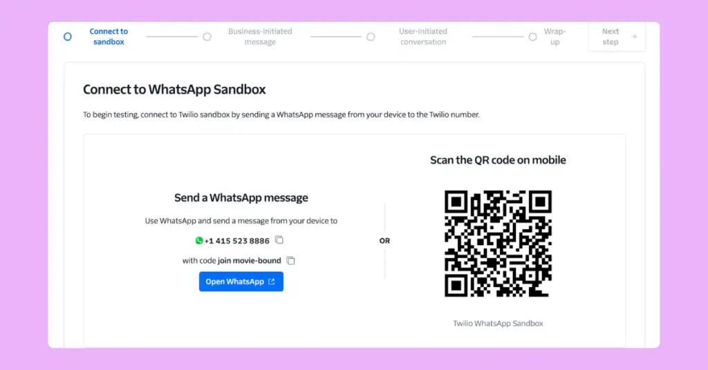 WhatsApp Sandbox of the Twilio to test WhatsApp Business API message