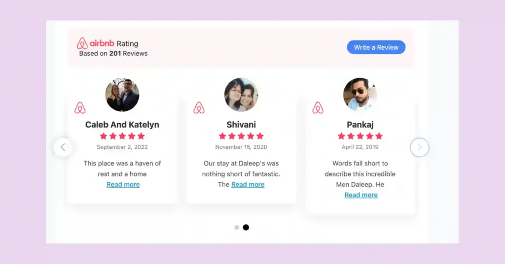 Airbnb guest review on website example