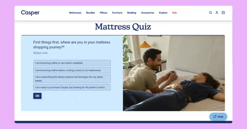 Casper Mattress quiz, a trivia-style eCommerce gamification example