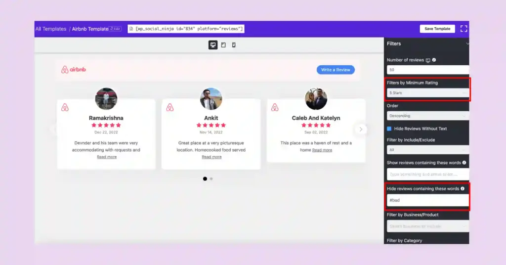 filter and highlight reviews