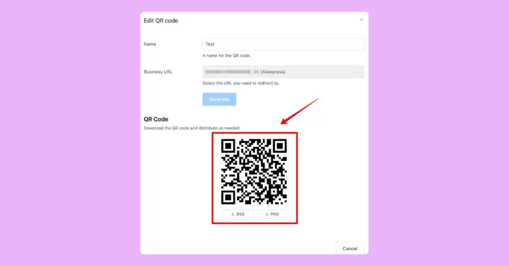 Generated QR code for collecting reviews on WP Social Ninja 3.19.0