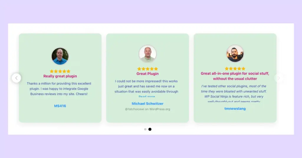 Testimonials on website by WP Social Ninja