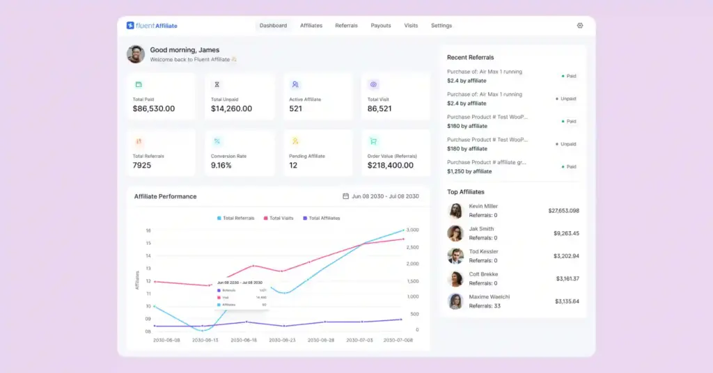 FluentAffiliate dashboard - a smart solution for affiliate management program