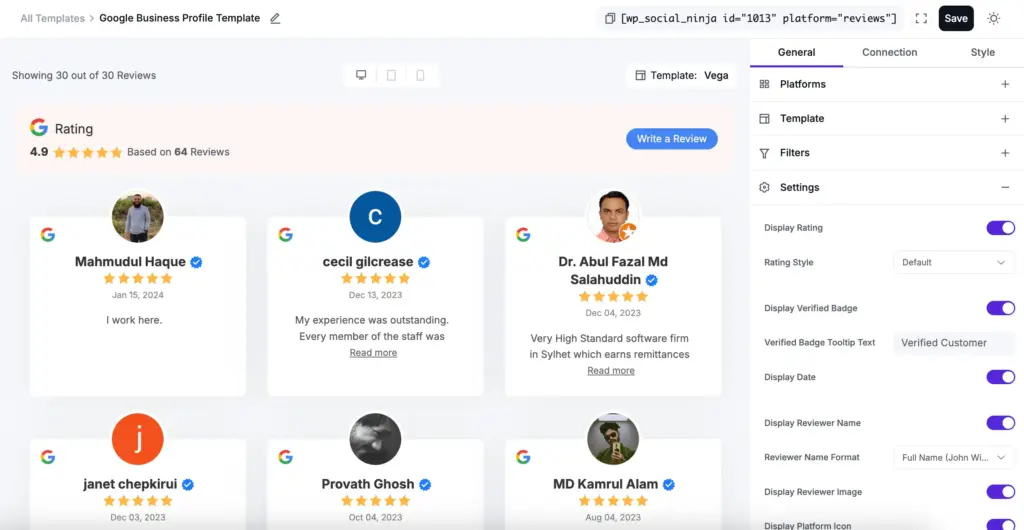 google reviews customization from wp social ninja dashboard