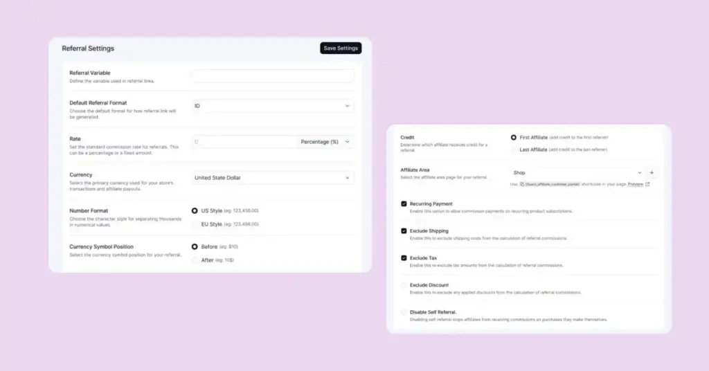 FluentAffiliate-referral settings