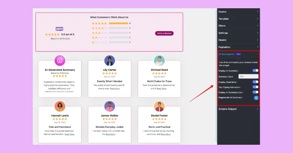 The AI review summarizer by WP Social Ninja for your WooCommerce product reviews