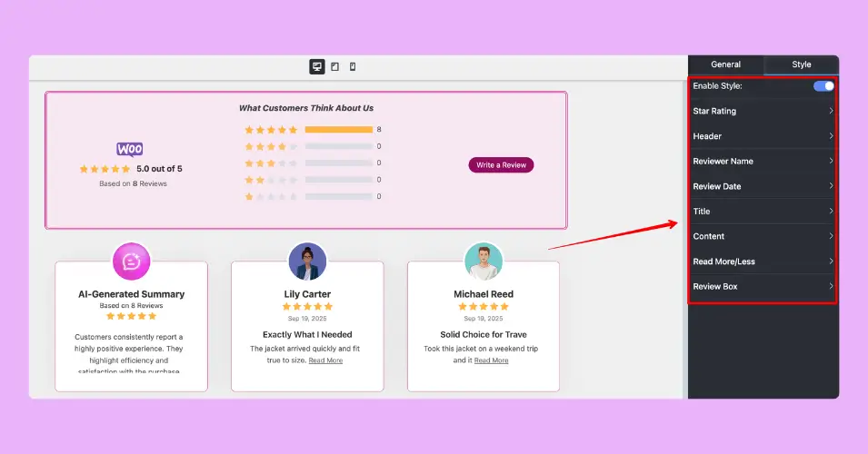 The advanced styling options of WP Social Ninja will let you customize each element on your WooCommerce product review template so that your template matches your website's layout and brand colour.
