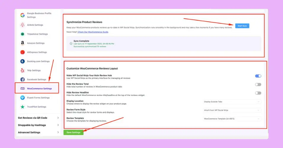 Updated global settings for integrated WooCommerce reviews templates