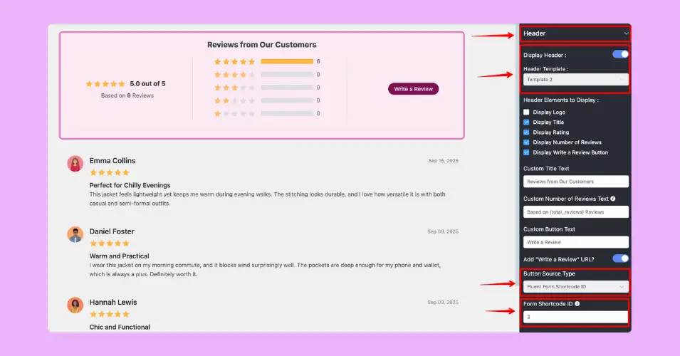 Customize your template header to enable the custom review field that you previously built with Fluent Forms