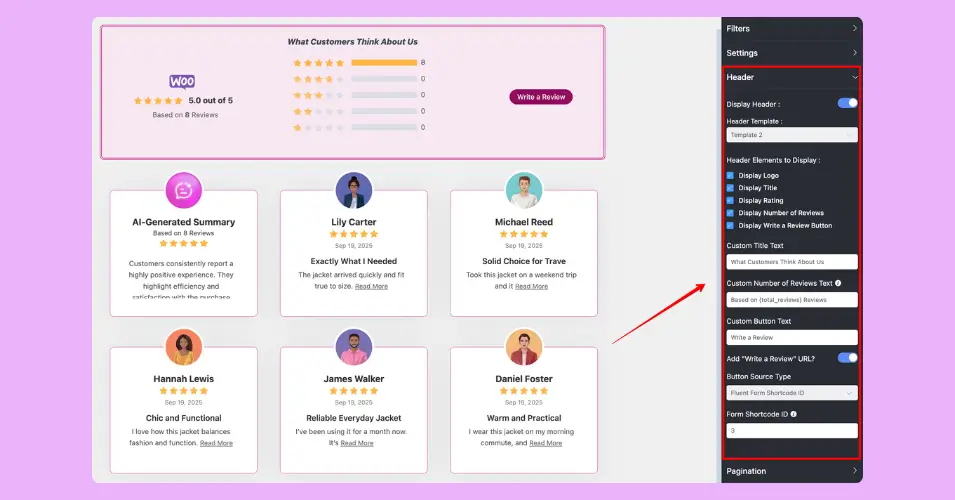 The Header customization section of WP Social Ninja will allow you to add a custom "Write a Review" button, two different button source type where you can direct your customers to the product page or add a Fluent Forms ID for custom review collection field, and more