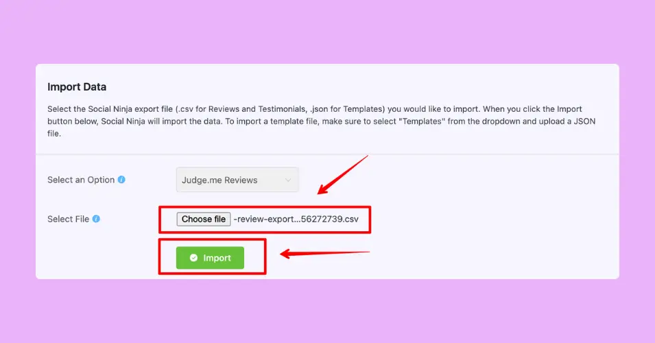 Upload the exported CSV file containing your published WooCommerce reviews from Judge.me