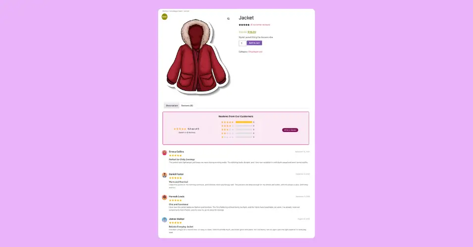 A preview of WooCommerce product reviews displayed by WP Social Ninja
