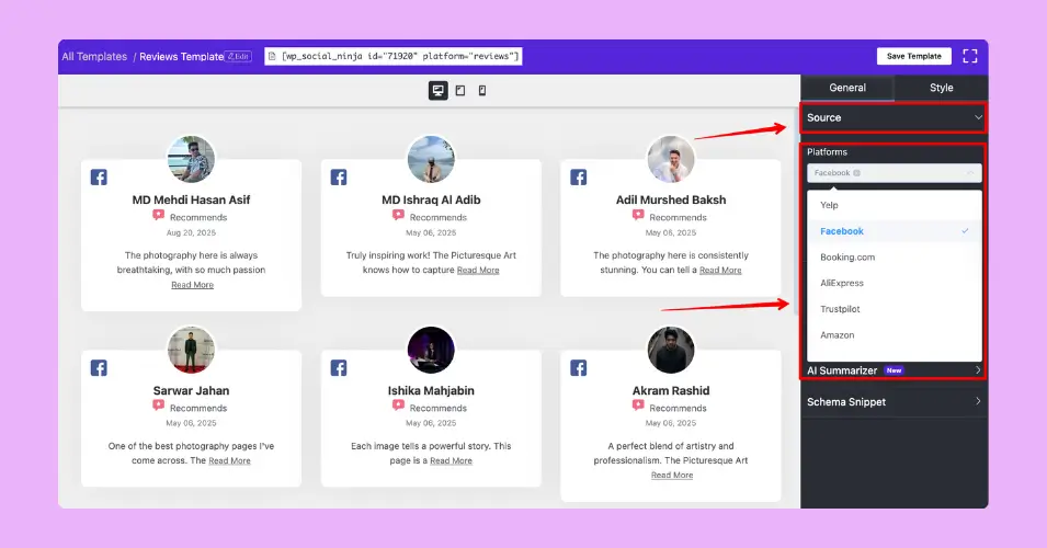 Review platform selection for creating a customized template with WP Social Ninja